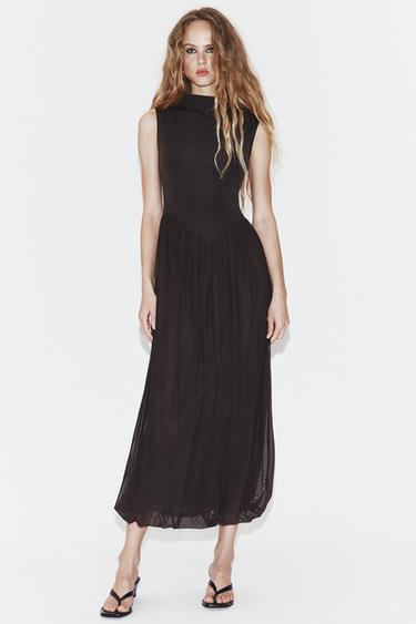 LONG CONTRAST TULLE DRESS - Dark brown by Zara