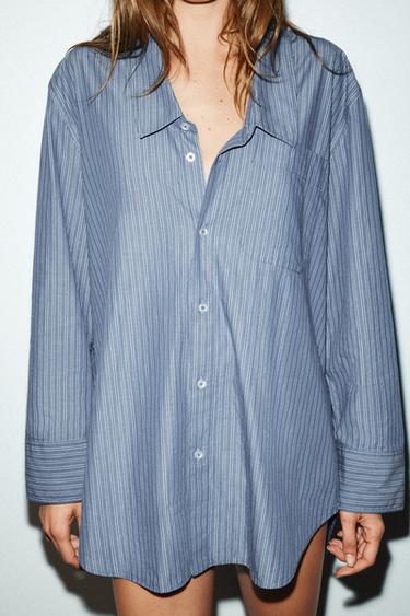 CHEMISE EN POPELINE RAYÉE COL BAS - Bleu / Bleu marine de Zara - Image 1
