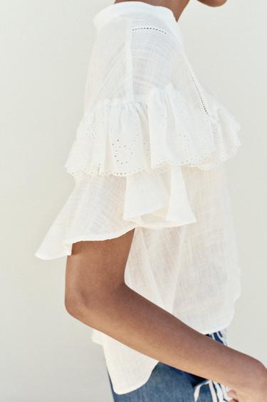 BLOUSE MANCHES COURTES À VOLANT - Blanc de Zara - Image 3