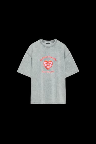 Zara WASHED EFFECT PRINTED T-SHIRT - Anthracite grey