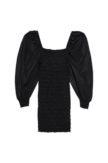 WAXED-EFFECT DRESS WITH SMOCKING