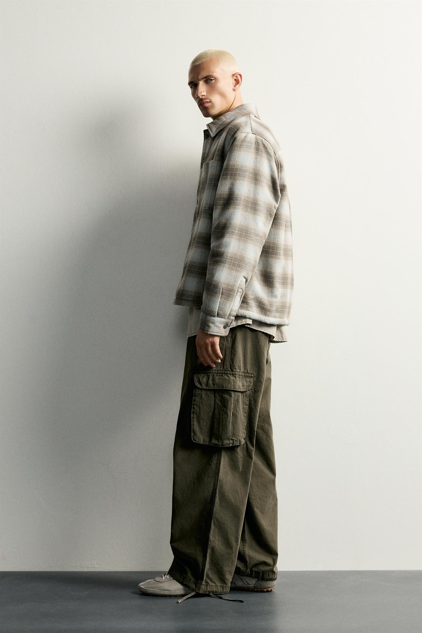 Мужская рубашка Zara Plaid Sherpa-Lined Overshirt, цвет: Серый / Рыжевато-коричневый — фото 4