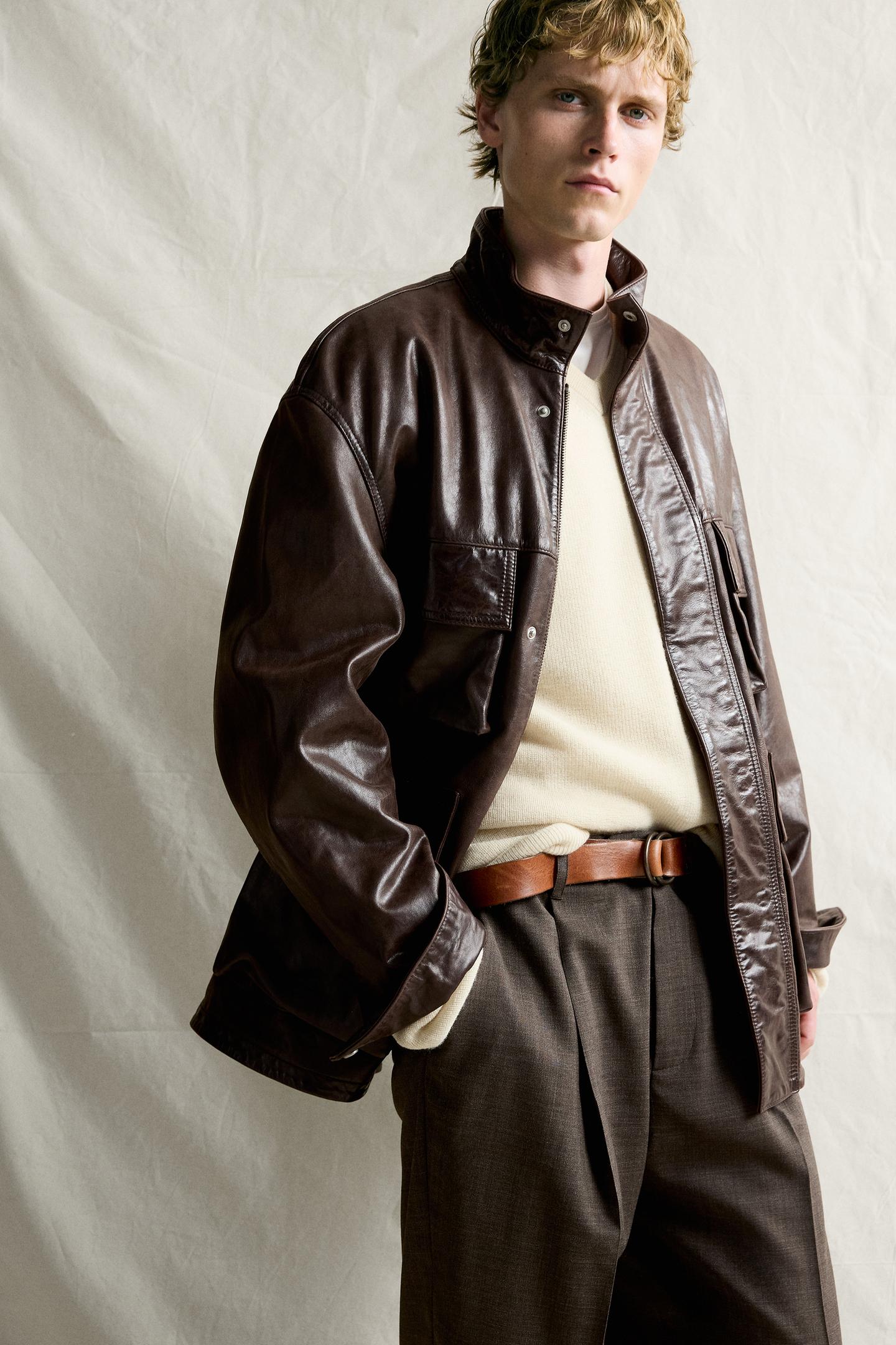 Мужская куртка Zara Leather Utility Pocket, цвет: Коричневый — фото 6