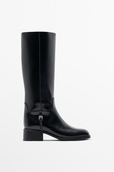 Zara Flat leather boots with lateral buckle - Black - Image 0