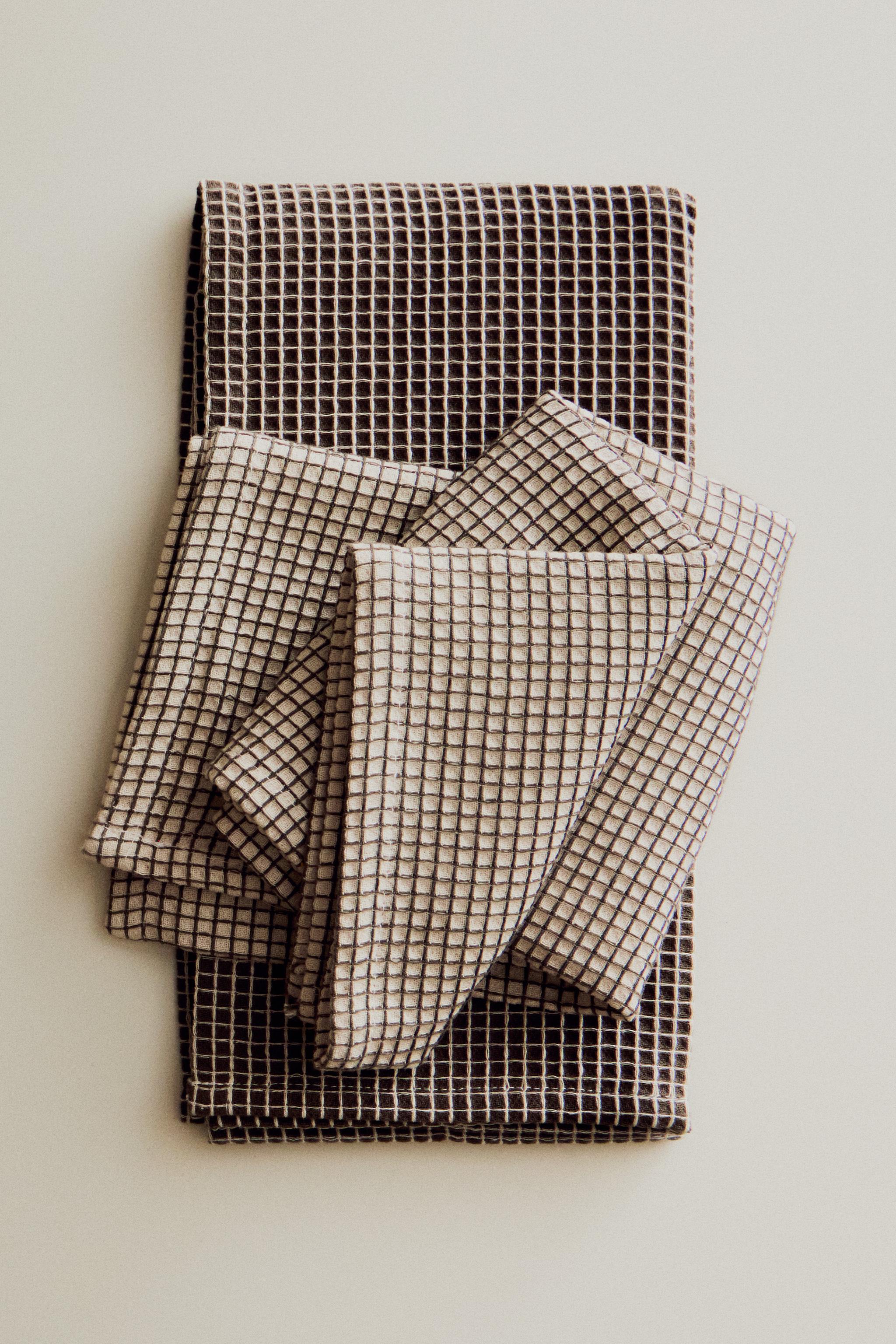 WAFFLE-TEXTURED CHECKED COTTON KITCHEN TOWELS (PACK OF 2)