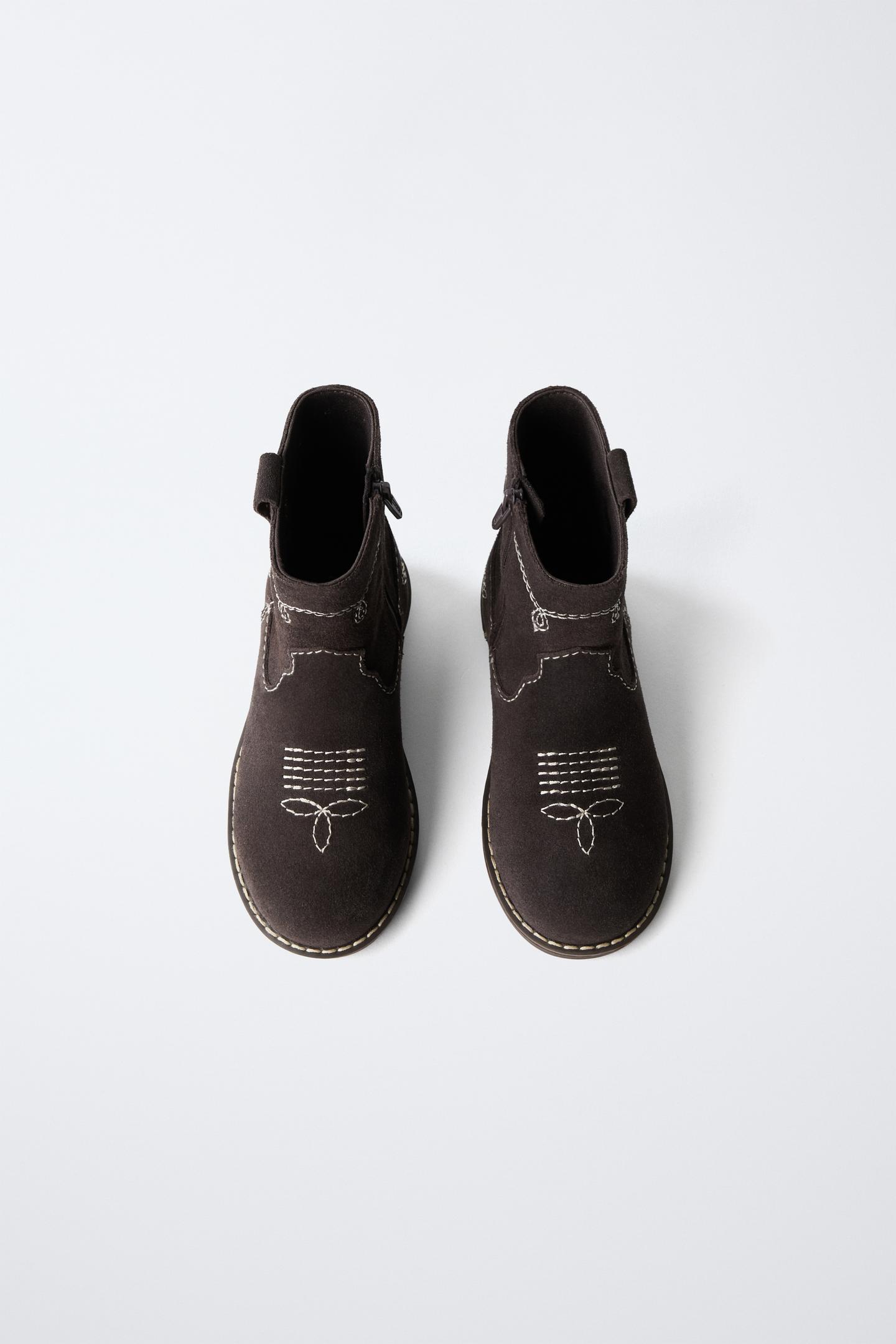Детские ботинки Zara Leather Embroidered Cowboy, цвет: Коричневый — фото 4