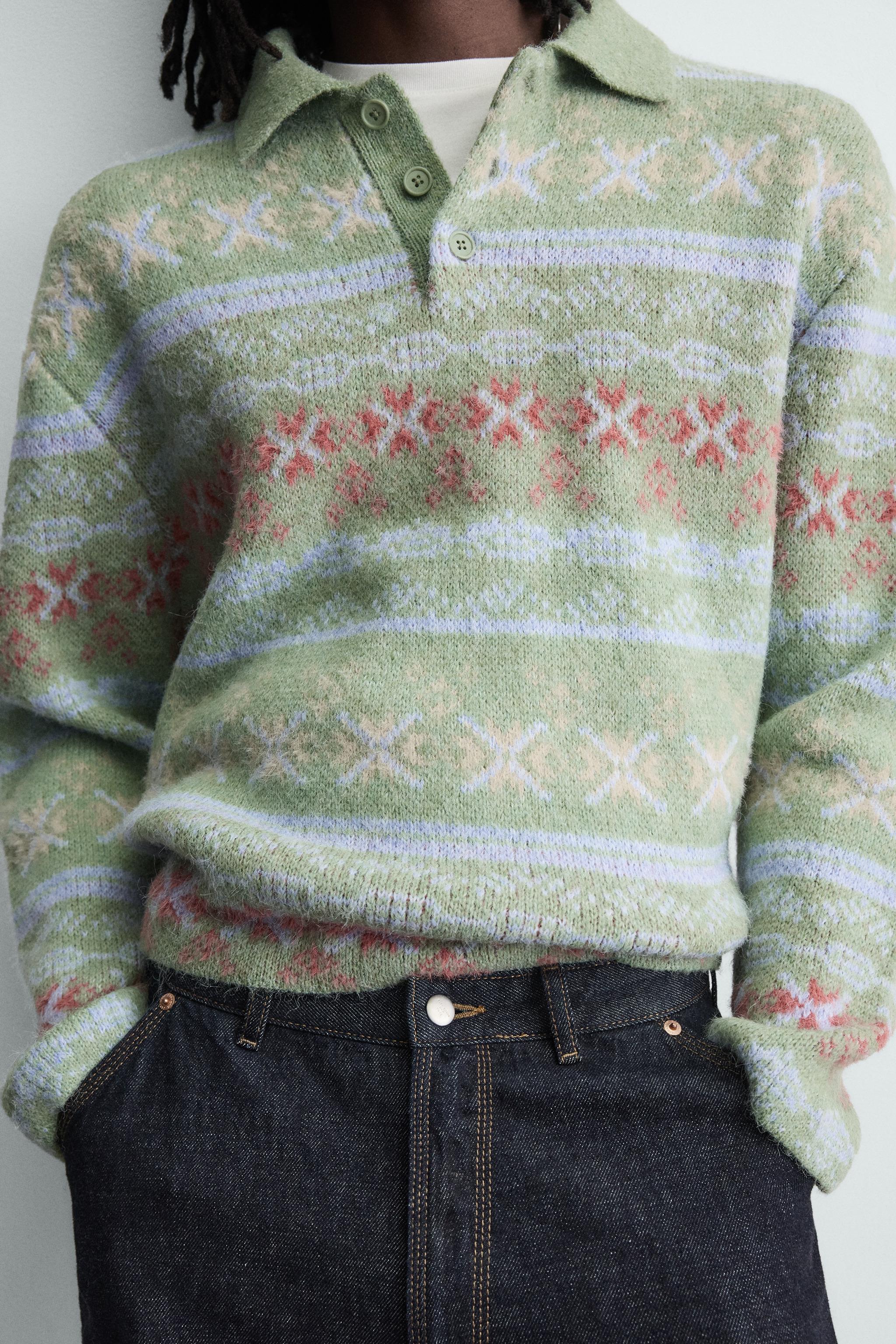 GEOMETRIC TEXTURED JACQUARD KNIT POLO SHIRT