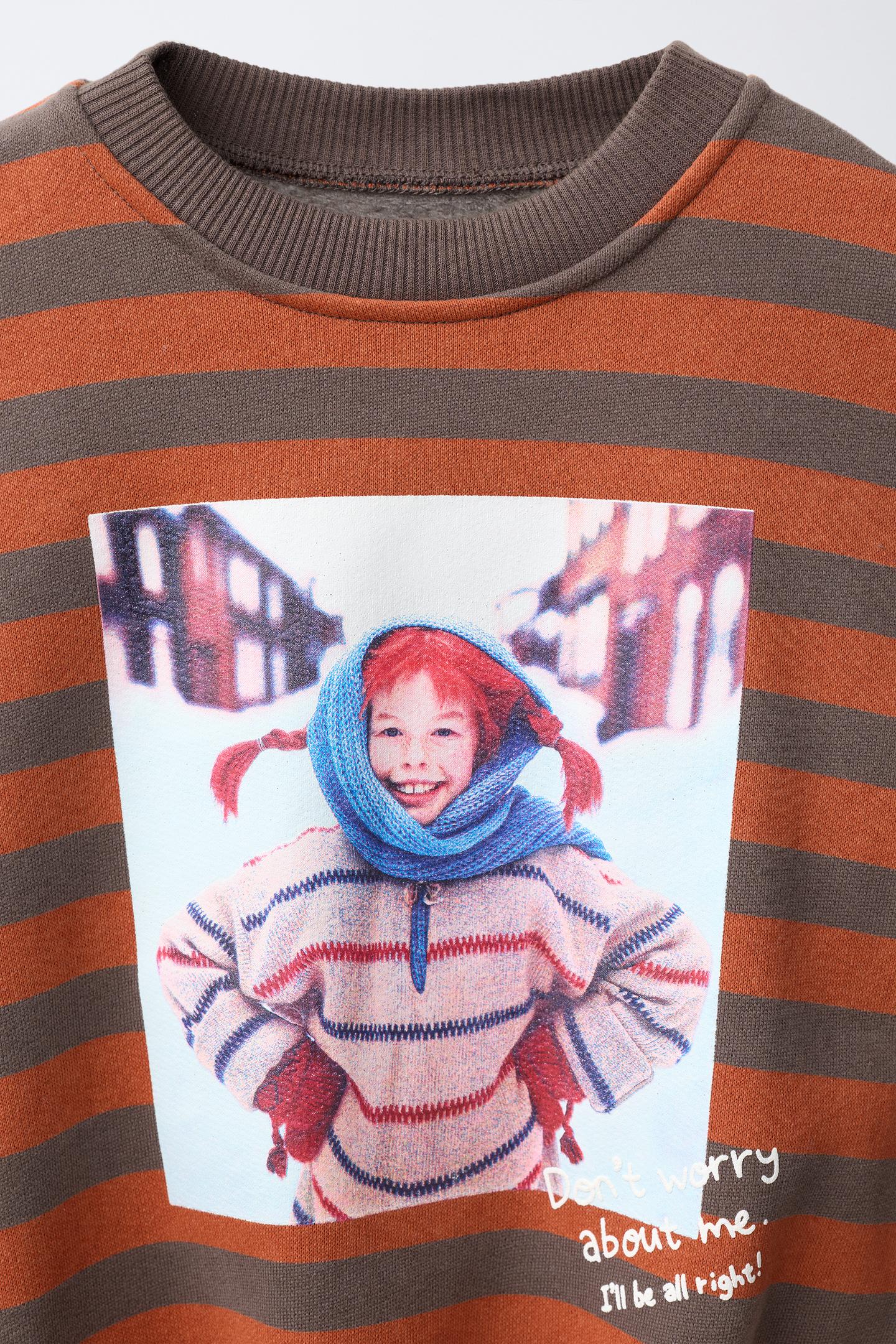 Детская толстовка Zara Pippi Longstocking Striped Sweatshirt © Astrid Lindgren Company, цвет: Коричневый / Экрю — фото 3