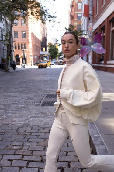 Zara INTERLOCK BOMBER JACKET - Ecru