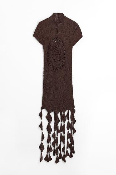 ARGYLE FRINGED CROCHET DRESS - Brown by Zara - Image 1