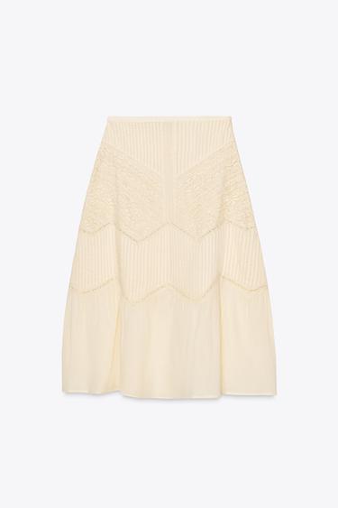 Zara ZW COLLECTION LACE MIDI SKIRT - Pale pink