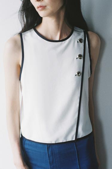 TOP WITH CONTRAST TRIMS - Ecru / Navy by Zara - Image 0