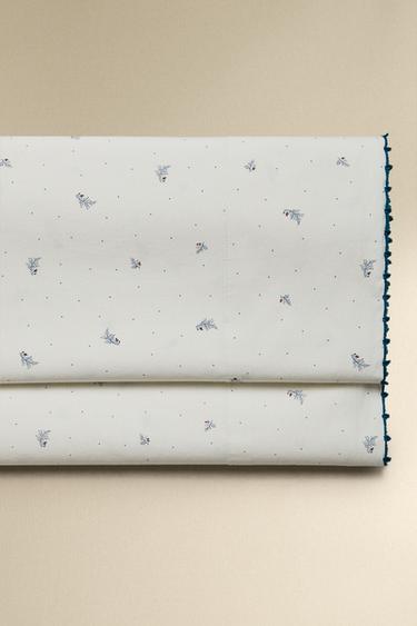 CHILDREN’S LEAF AND POLKA DOT COTTON FLAT SHEET - White / Navy by Zara