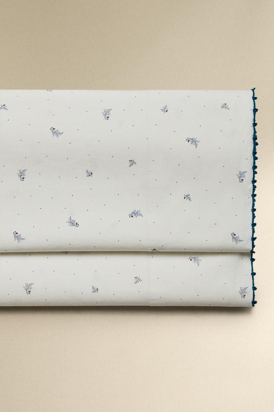 Zara KIDS' COTTON LEAF AND DOT FLAT SHEET - White / Navy - Image 0