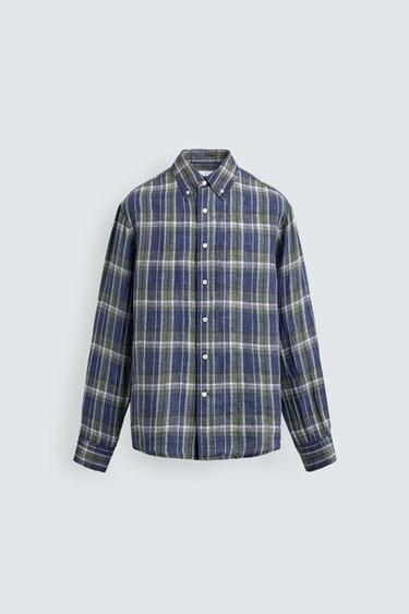 100% LINEN CHECKED SHIRT - Blues by Zara