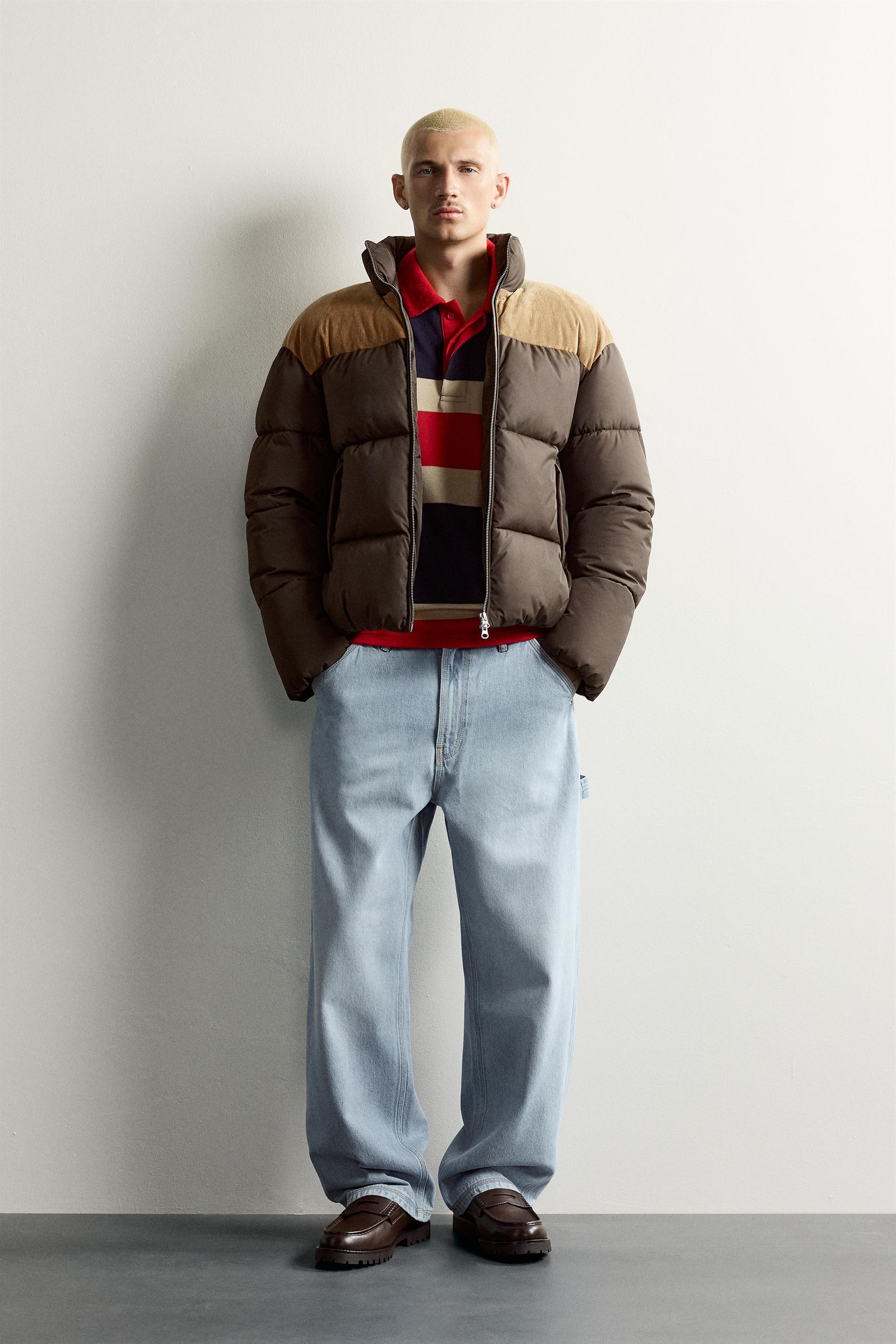 Combined Leather-Effect Puffer Jacket