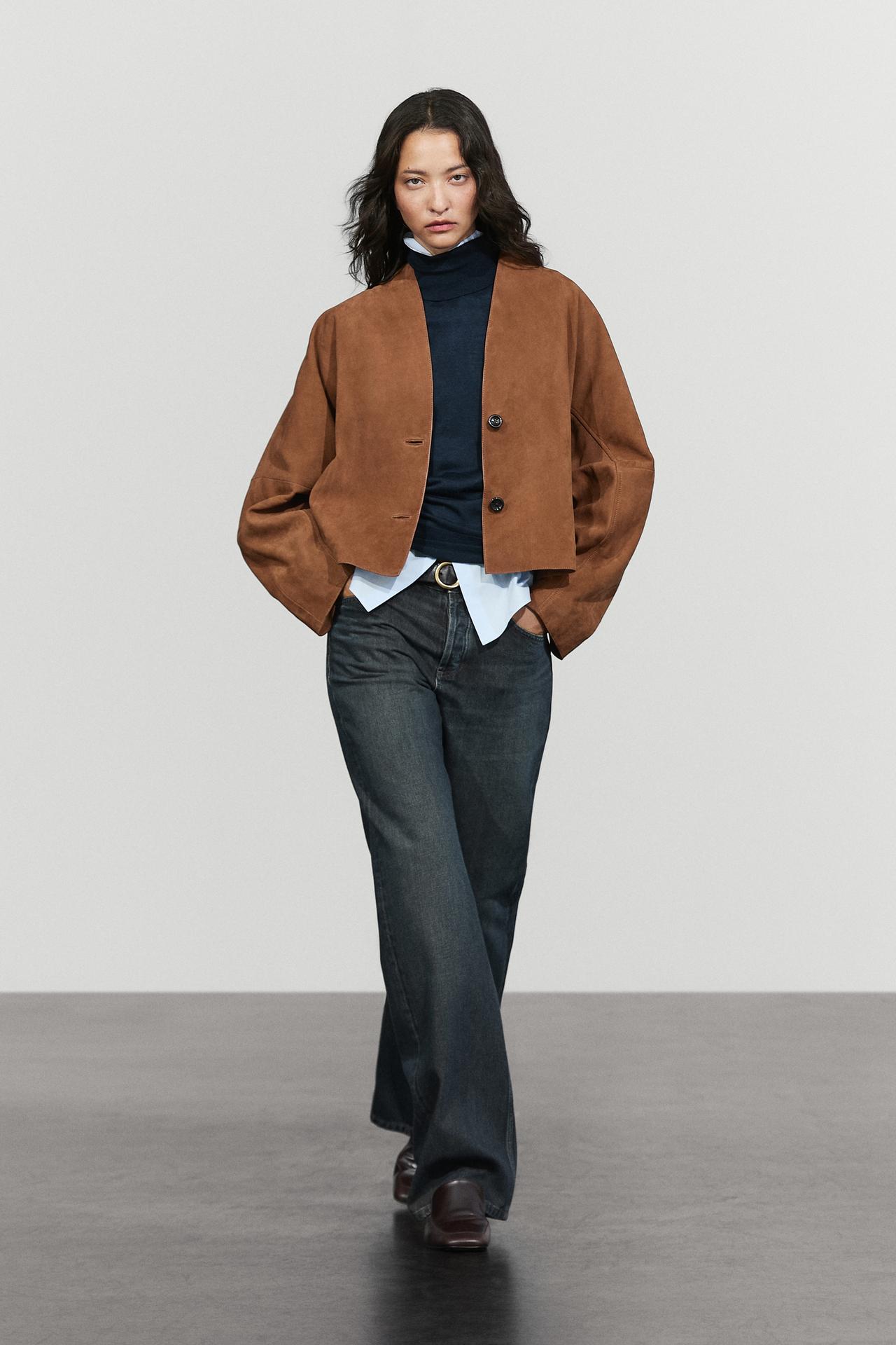 Suede V-neck balloon jacket — Dark mink