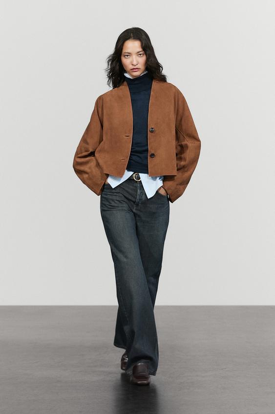 Veste blouson à col en V en cuir effet daim - Vison foncé de Zara - Image 0