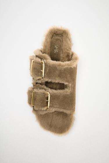 Zara FAUX FUR FLAT BUCKLE SANDALS - Taupe Gray