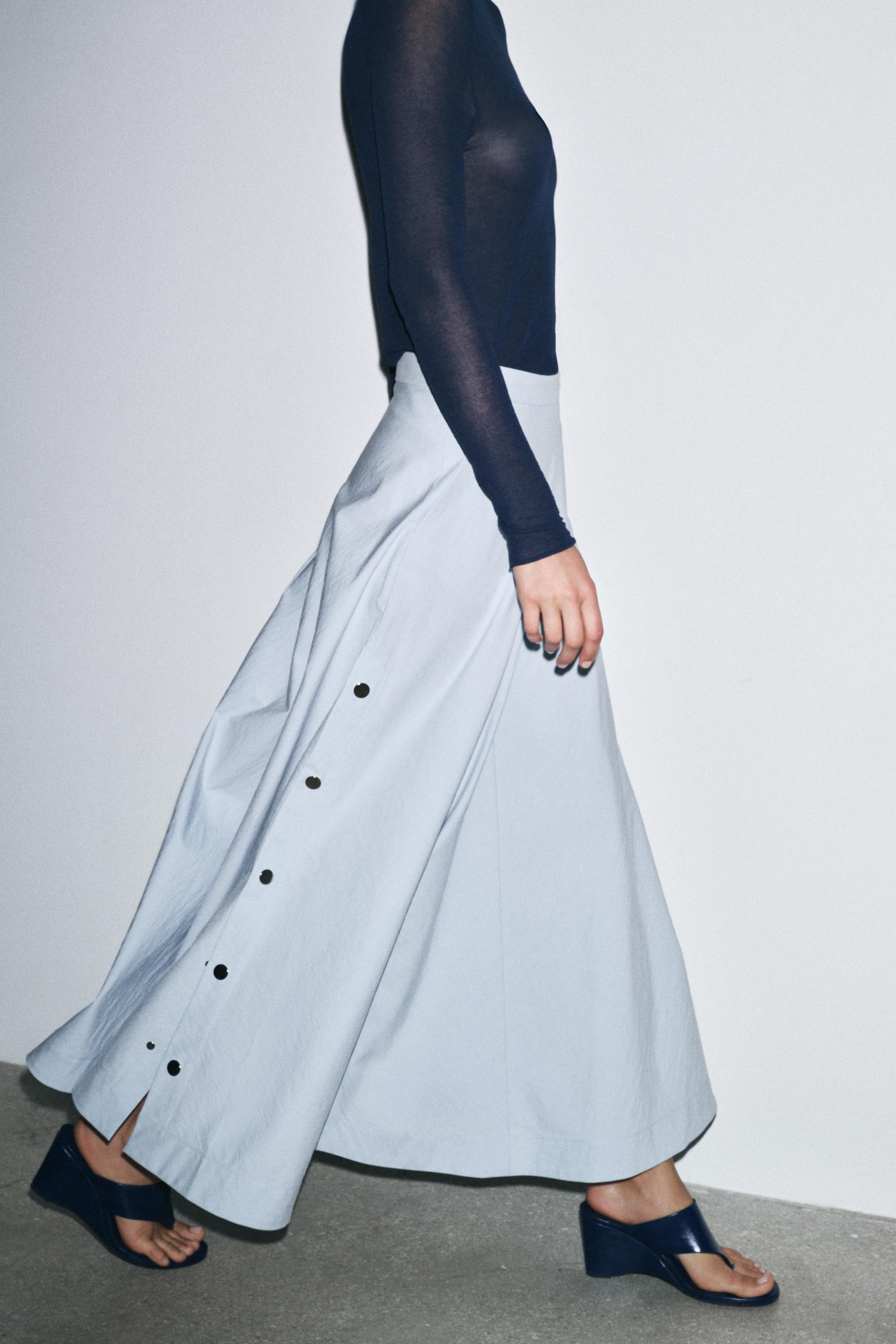 ☆ドイツ発*ZARA*新作*フレアコットンスカート/LIGHT BLUE☆ タグ付新品ZARA ZW COLLECTION コットンフレアスカートブルーL