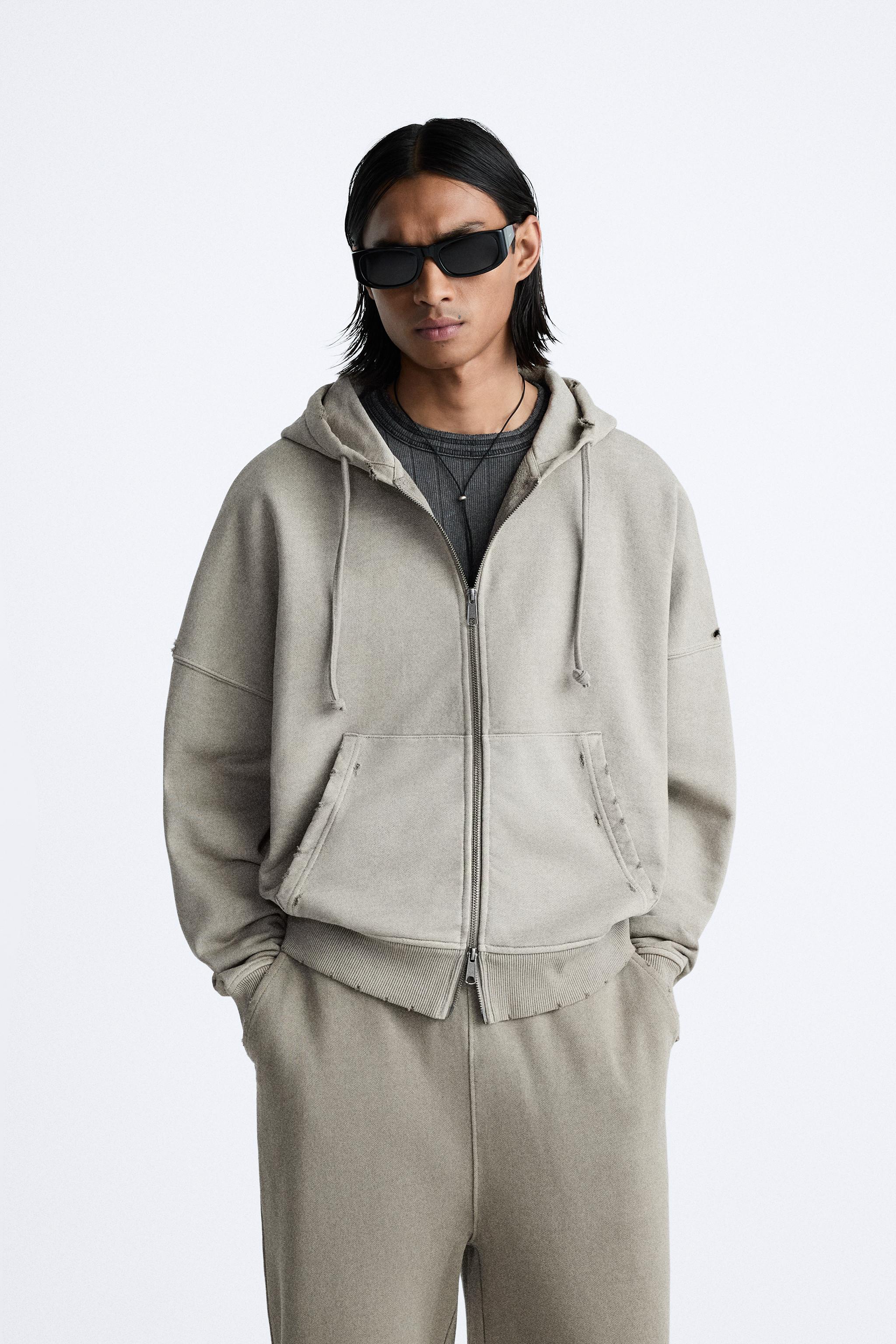 WASHED ZIPPERED HOODIE SWEATSHIRT