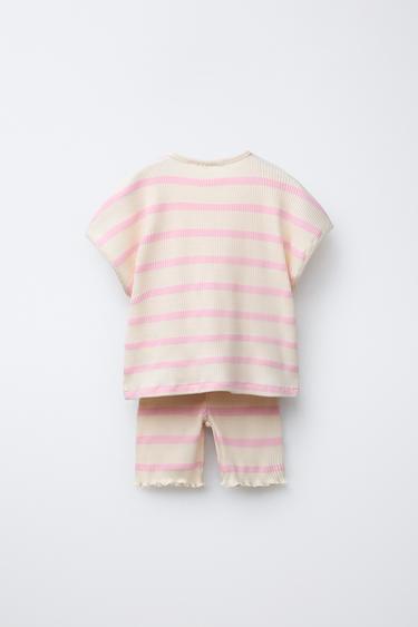 ENSEMBLE T-SHIRT À NŒUD ET LEGGING DE CYCLISTE À RAYURES - Rose de Zara - Image 1