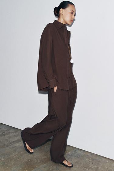 Zara ZW COLLECTION POPLIN WIDE LEG PANTS - Brown - Image 0