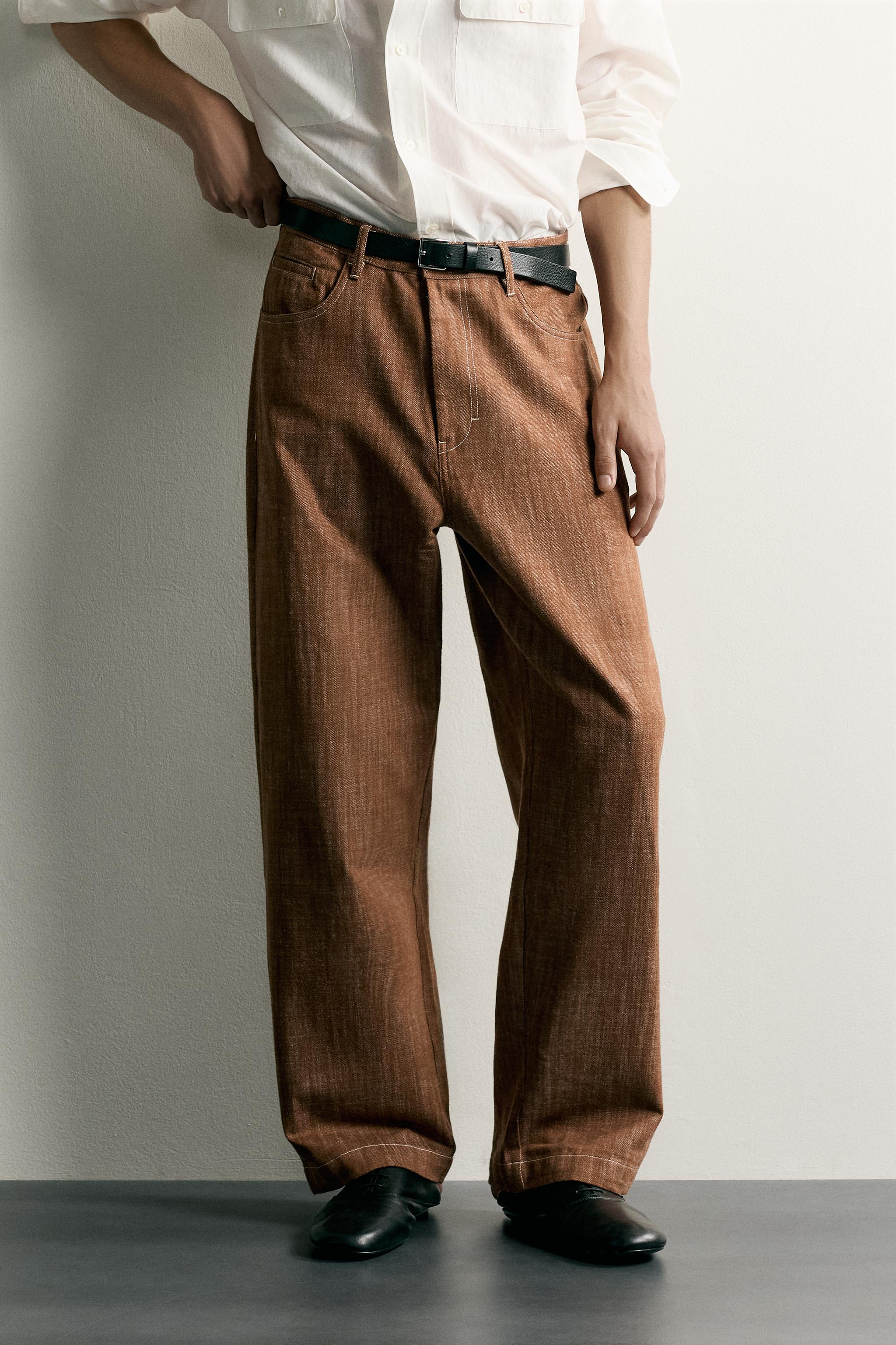 RELAXED FIT TOPSTITCHED PANTS — Dark russet