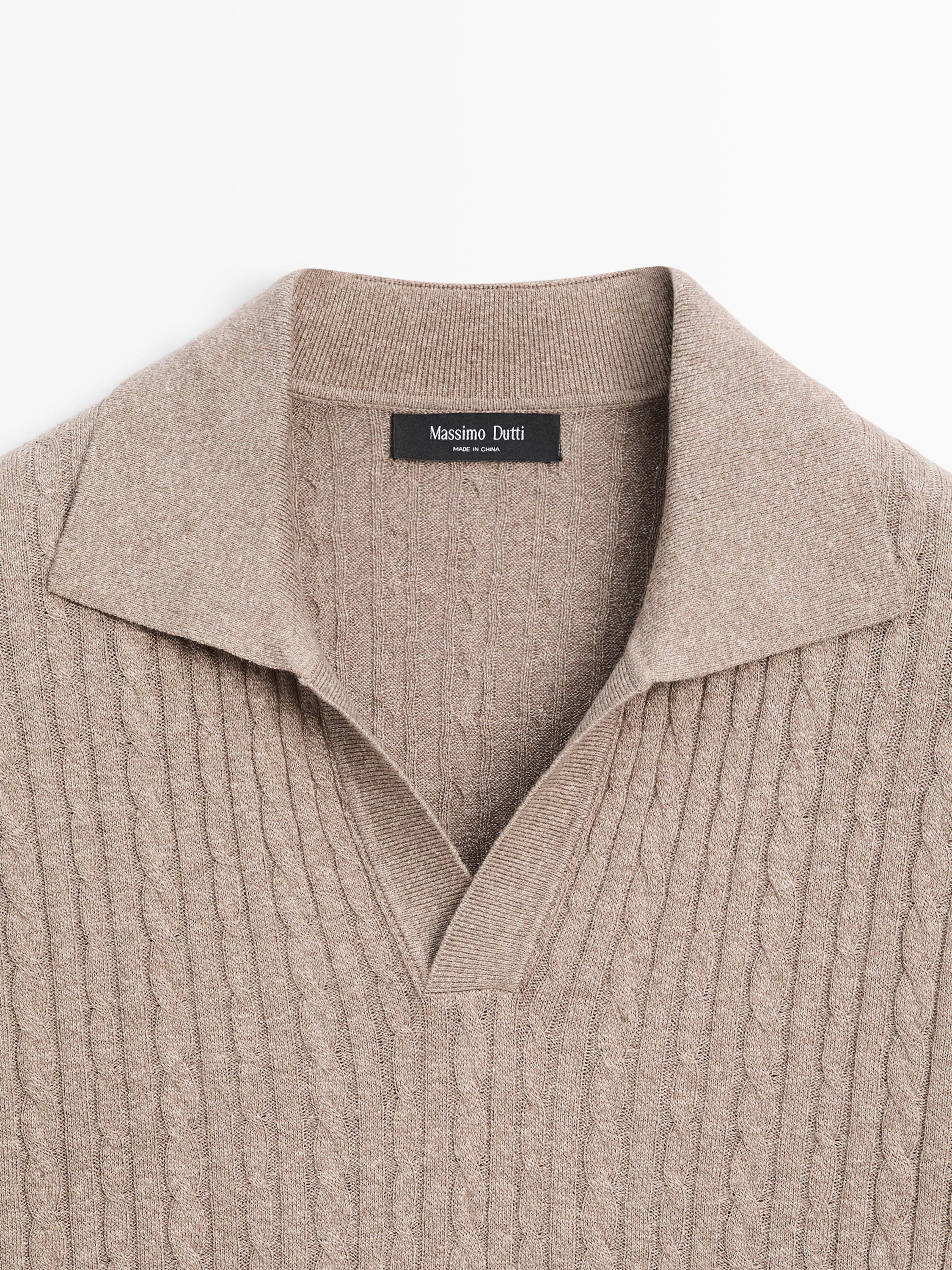 Short sleeve knit polo shirt with cable-knit detail