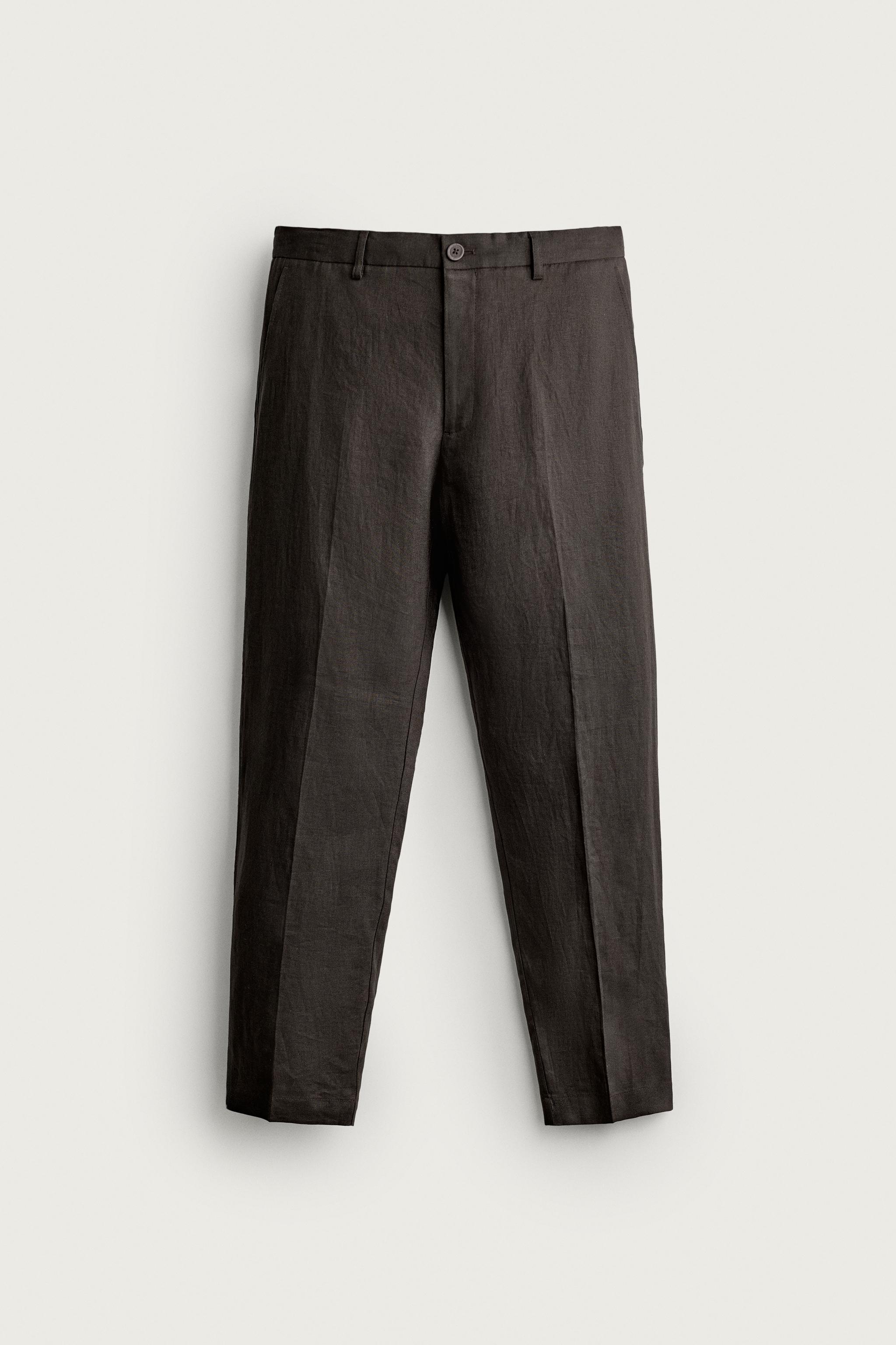 100% LINEN REGULAR FIT PANTS — Brown