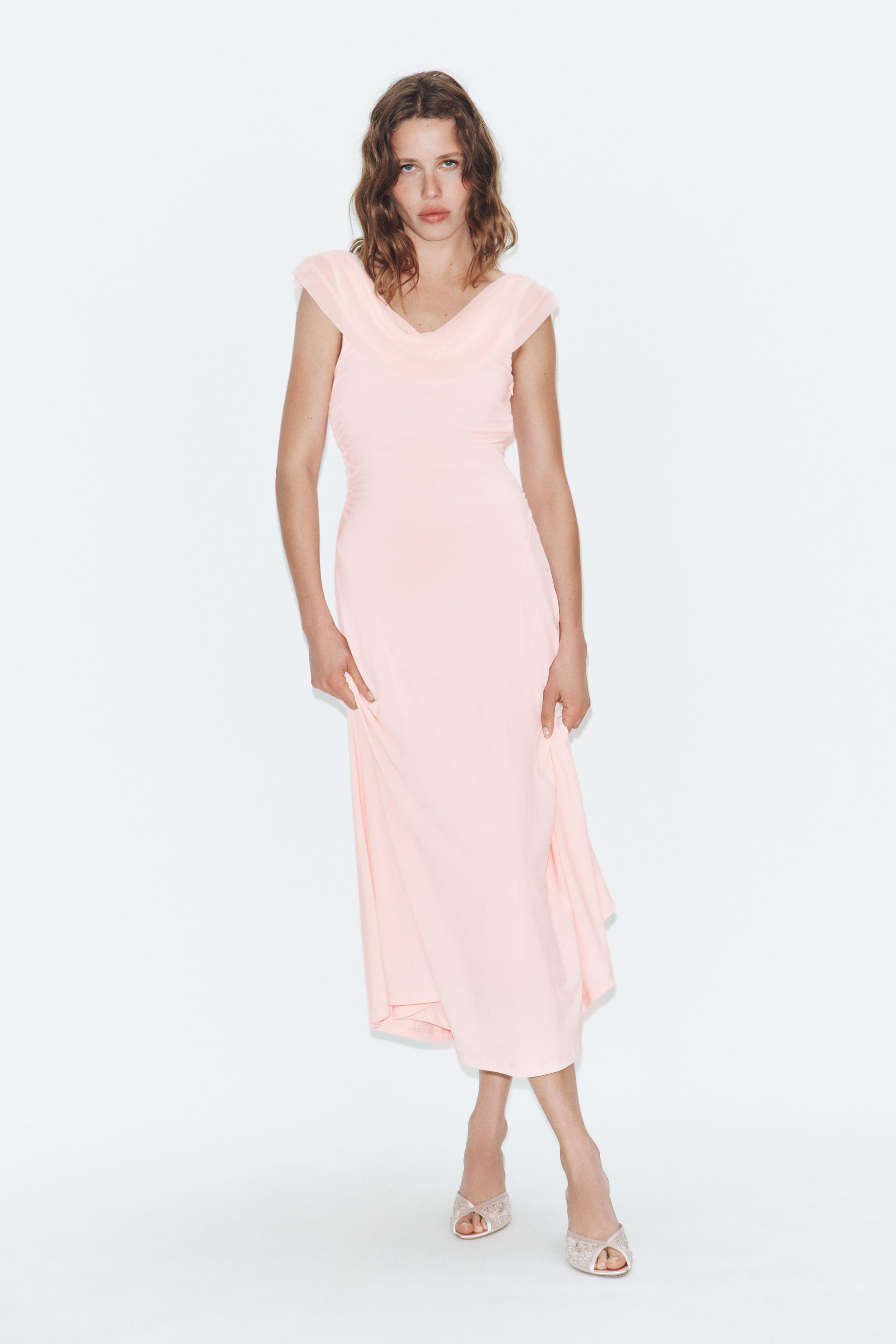COMBINED DRAPED MIDI DRESS — Pastel pink