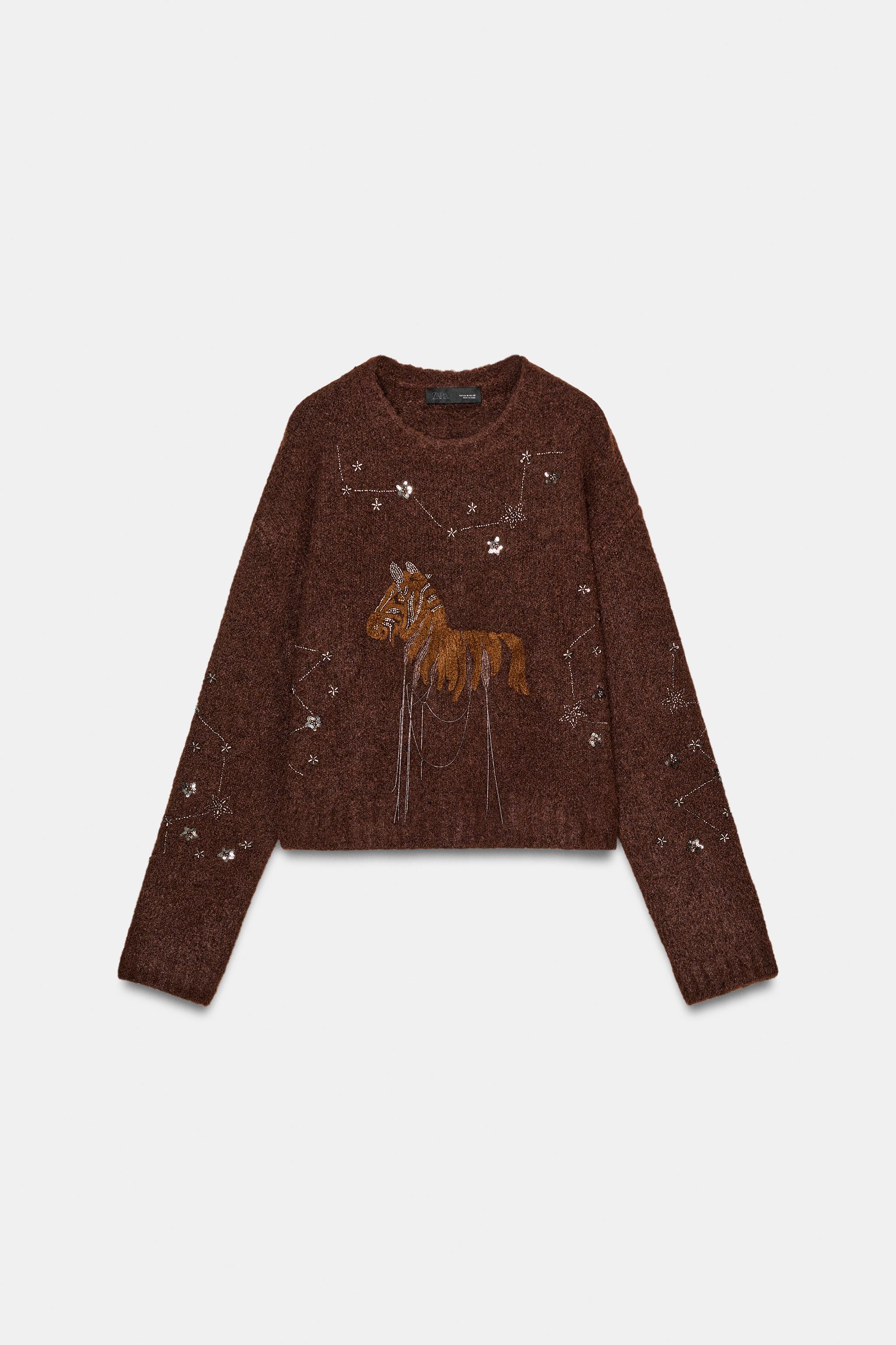 ZARA ダイヤ柄 ビーズニット ビーズ装飾 パフスリーブ ニットセーター ZARA ダイヤモンドニットセーター 上品カジュアル スペイン発送 (ZARA