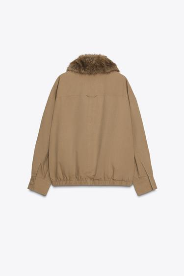 FAUX FUR COLLAR BOMBER JACKET ZW COLLECTION - Dark camel by Zara - Image 6