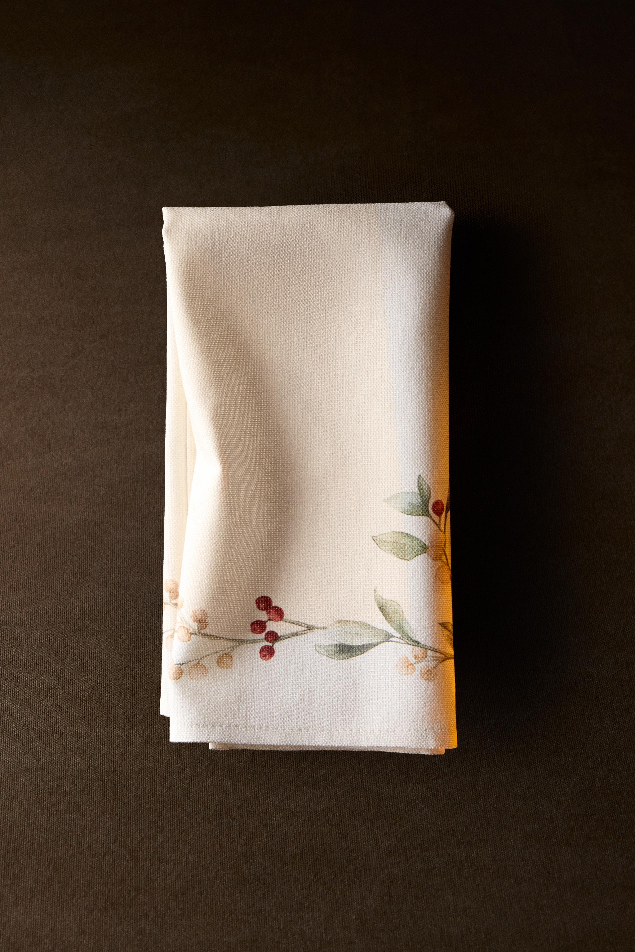 SERVIETTES DE TABLE COTON FEUILLES NOËL (LOT DE 2)