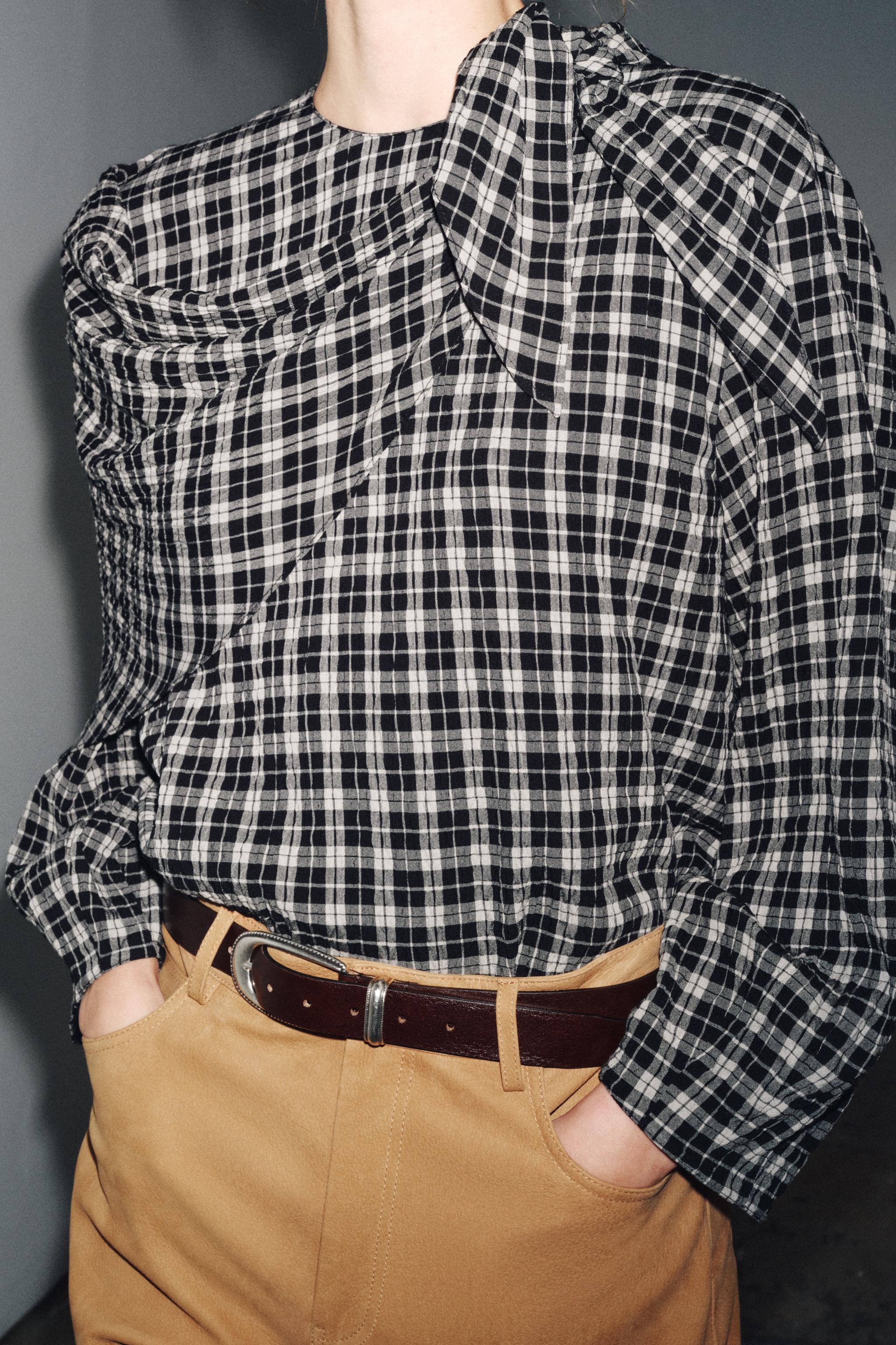 ZW COLLECTION PLAID SCARF SHIRT - Mid-gray | ZARA United States