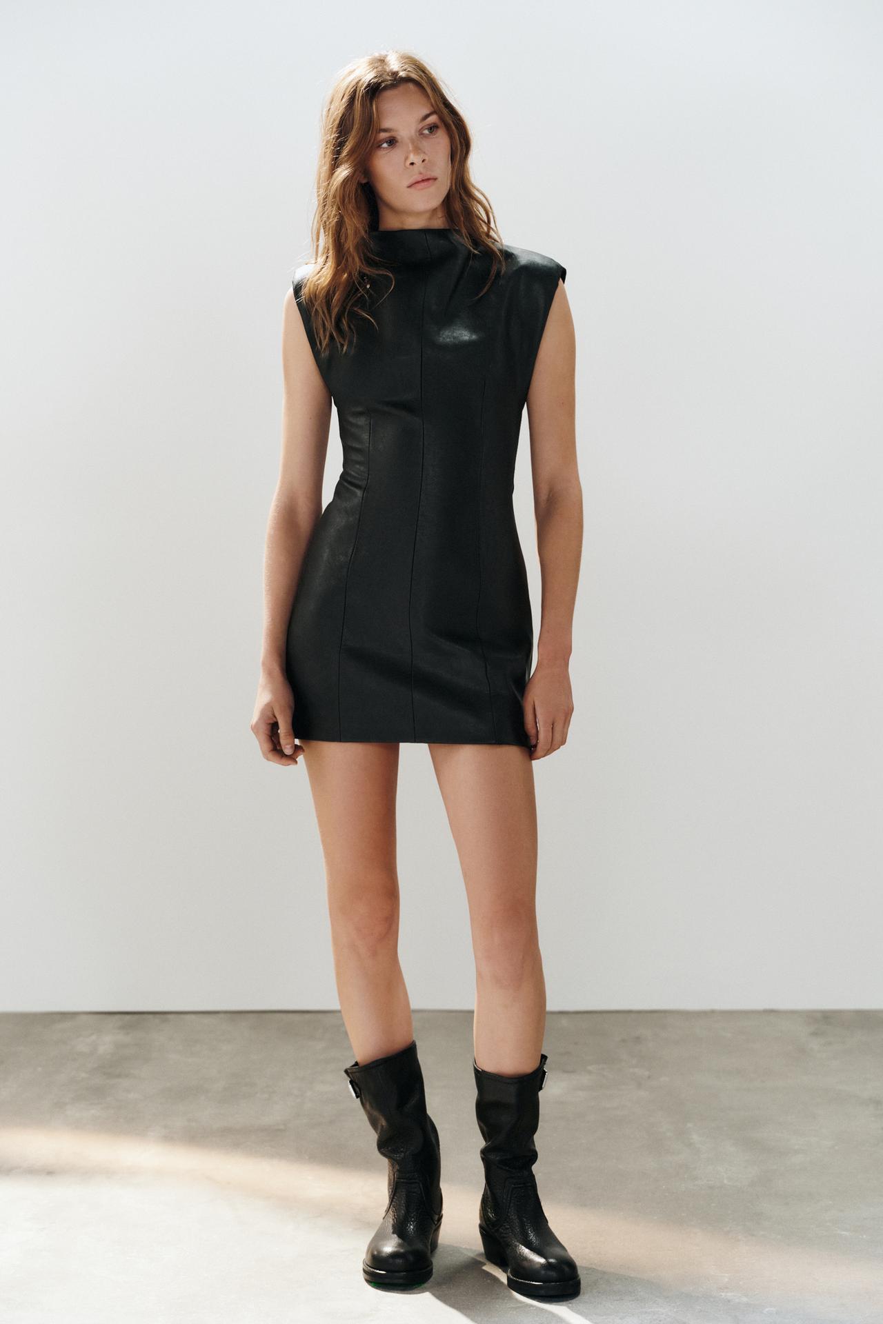 LEATHER EFFECT SHORT DRESS WITH SHOULDER PADS