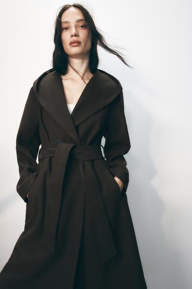 Zara BELTED SOFT HOODED COAT - Brown