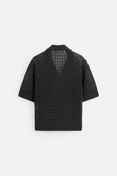 Zara OPEN KNIT POLO SHIRT - Charcoal