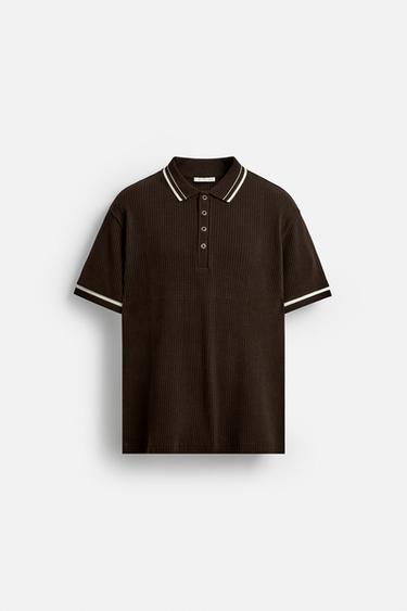 Zara CONTRAST RIBBED POLO SHIRT - Brown