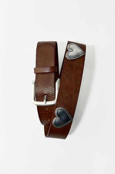 LEATHER HEART STUD BELT - Brown by Zara