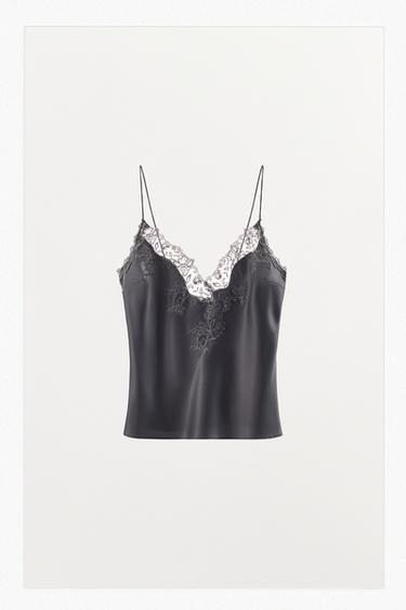 TOP SATINADO TIRANTES ENCAJE - Gris antracita de Zara