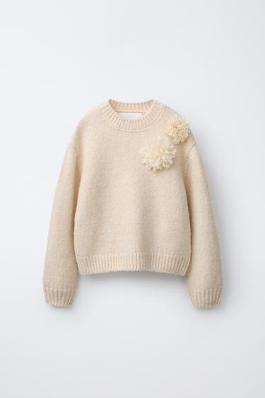 KNIT SWEATER WITH ORGANZA FLOWERS - Ecru by Zara - Image 0