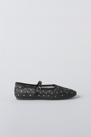 MESH BALLERINAS WITH DIAMANTÉ DETAIL - Black by Zara
