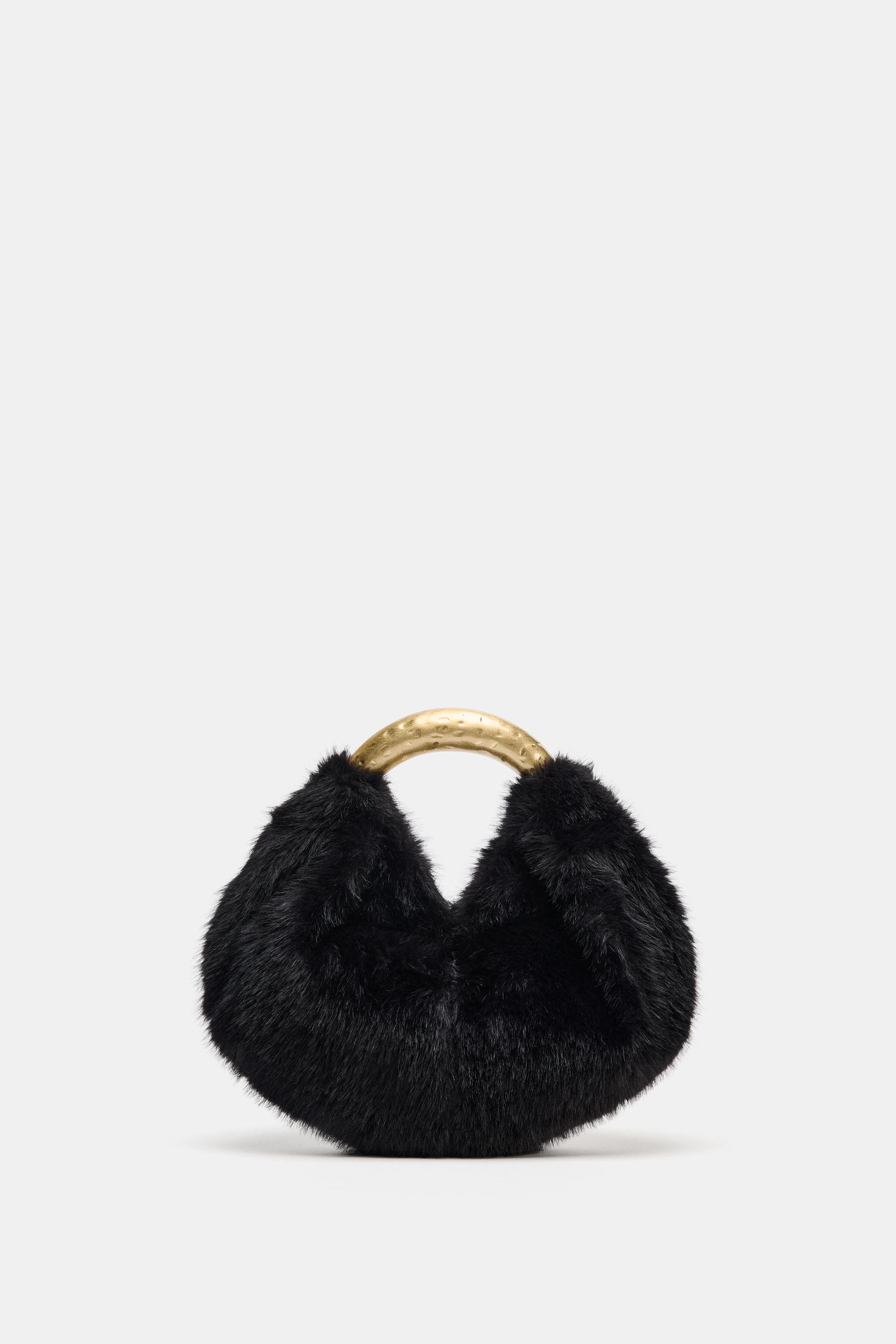 FAUX FUR HANDBAG WITH METAL HANDLE