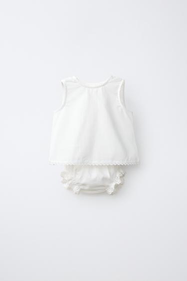 Zara LINEN AND COTTON LACE BLOUSE AND BLOOMER SET - White