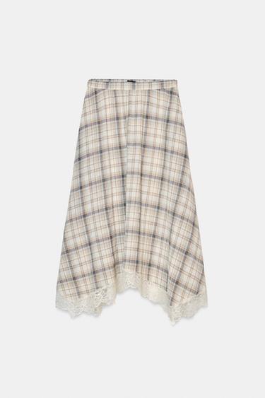 FALDA CUADROS ENCAJE - Crudo / Marrón de Zara - Imagen 0