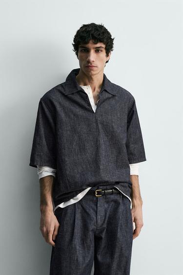 قميص بولو دنيم بقصة مريحة - أزرق / نيلي الخاص بـ Zara