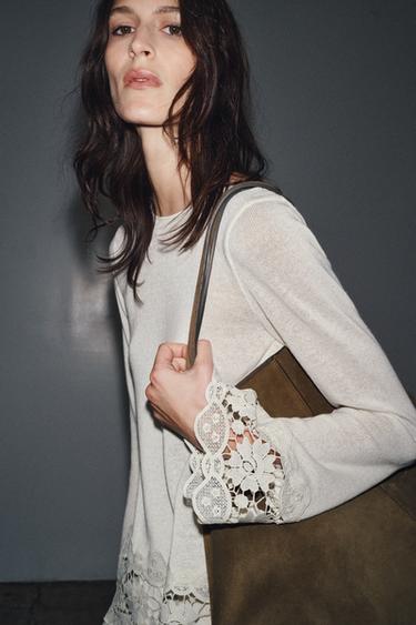 T-SHIRT BIMATIÈRE GUIPURE - Écru de Zara