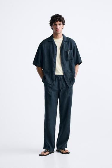100% LINEN TROUSERS - Navy blue by Zara - Image 0