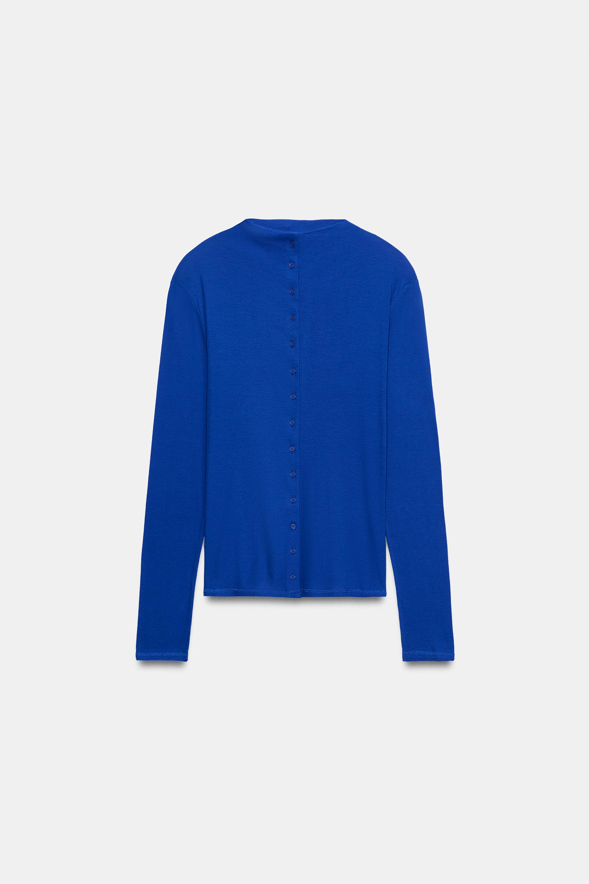 BUTTONED HIGH NECK T-SHIRT — Blue